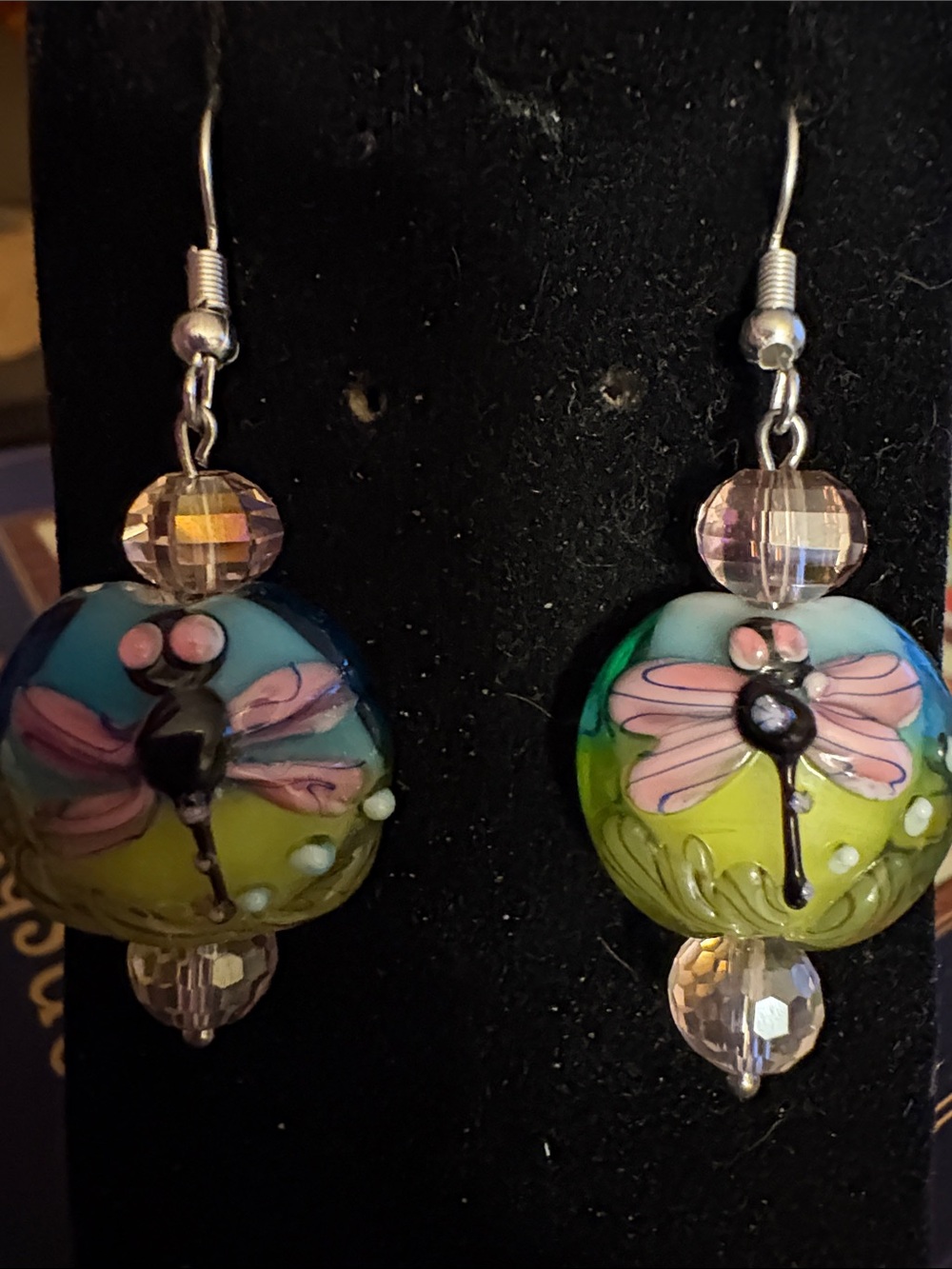 Handmade Dragonfly Glass Bead Earrings - Pink & Green